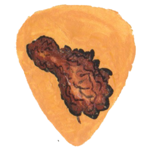 A guitar pick with a crispy piece of fried chicken on it